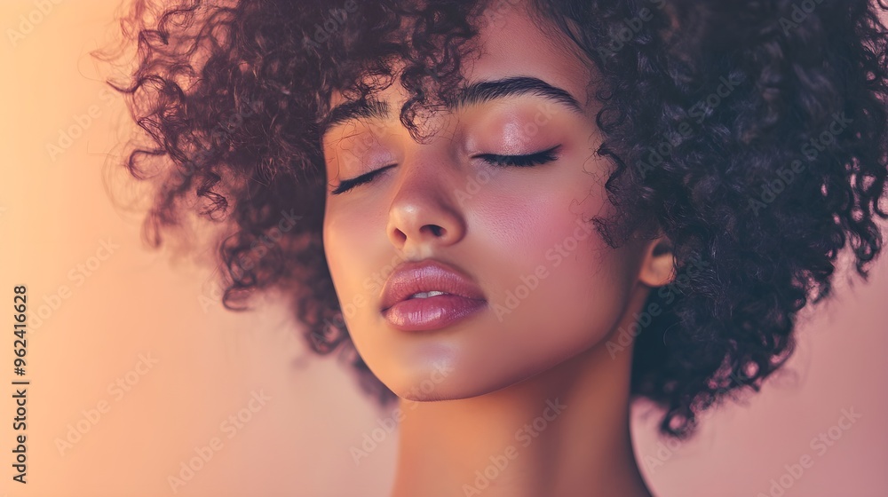 A portrait of a woman with curly hair framed beautifully around her face, highlighting individual curls and texture against a soft pastel backdrop,No blurriness A portrait of a woman with curly hair framed beautifully around her face, highlighting individual curls and texture against a soft pastel backdrop,No blurriness