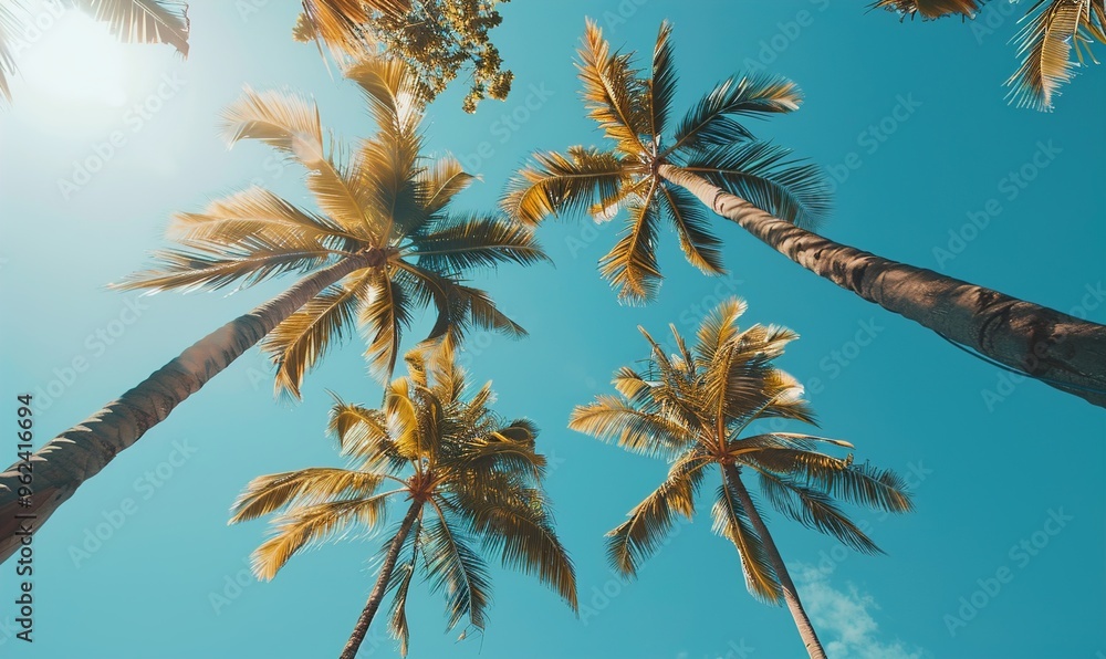 Fototapeta premium calm summer seascape with hills and coconut trees with waves and beach sand Generate AI