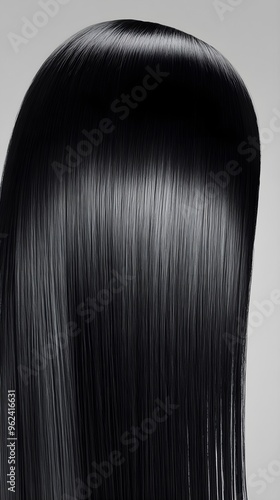 A detailed shot of straight hair with a glossy finish, reflecting light, set against a light gray background for contrast,No blurriness