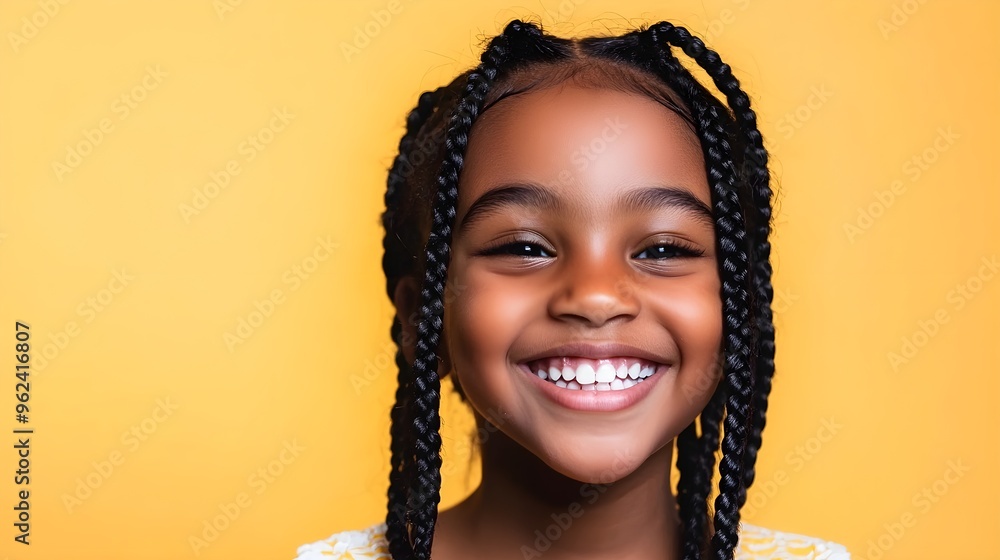 A young girl with black hair styled in braids, smiling brightly with a light solid color background that enhances her joyful expression,No blurriness A young girl with black hair styled in braids, smiling brightly with a light solid color background that enhances her joyful expression,No blurriness