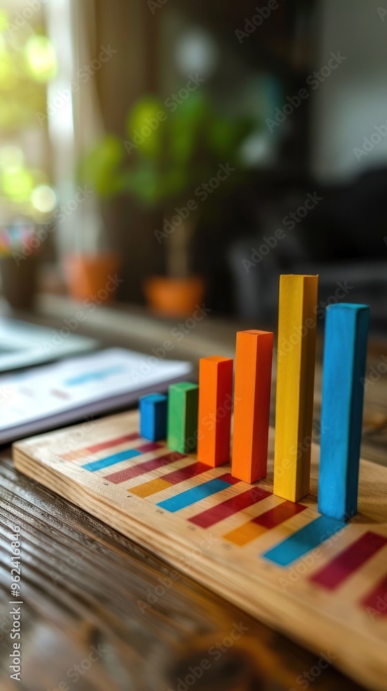 A colorful bar chart displayed on a wooden desk representing the growth progress and development of a business or organization The infographic showcases various data points and analytics A colorful bar chart displayed on a wooden desk representing the growth progress and development of a business or organization The infographic showcases various data points and analytics