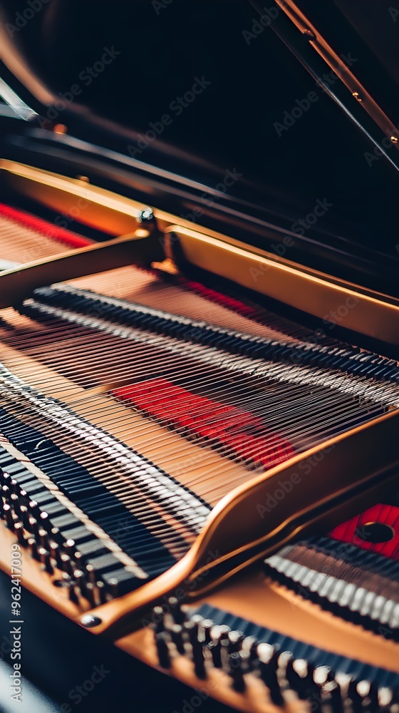 Obraz premium A vintage piano with an open lid, highlighting the intricate strings and hammers inside, presented against a minimalistic backdrop,No blurriness