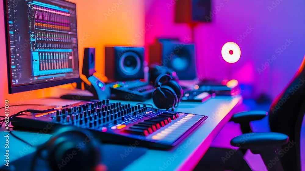 A modern music studio featuring a digital audio workstation with vibrant LED lights and professional equipment against a light solid color background,No blurriness A modern music studio featuring a digital audio workstation with vibrant LED lights and professional equipment against a light solid color background,No blurriness