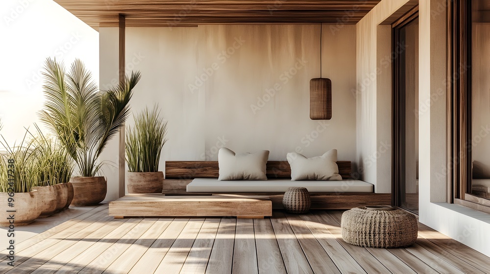Minimalist Terrace with Natural Wood Accents and Ample Copy Space Minimalist Terrace with Natural Wood Accents and Ample Copy Space
