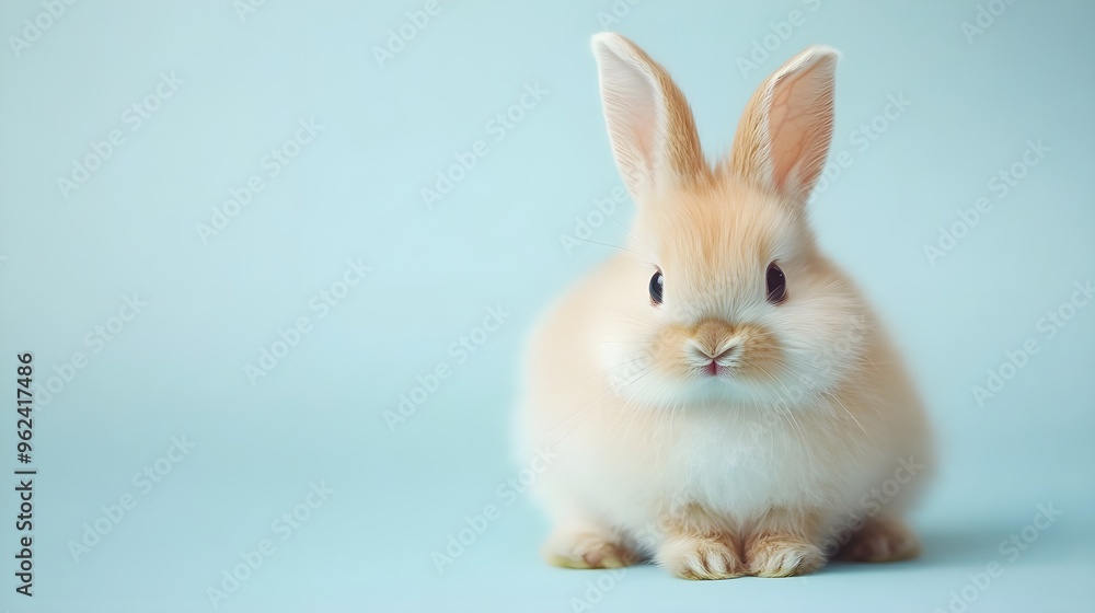A fluffy rabbit sitting on a light pastel background, showcasing its soft fur and expressive eyes,No blurriness A fluffy rabbit sitting on a light pastel background, showcasing its soft fur and expressive eyes,No blurriness