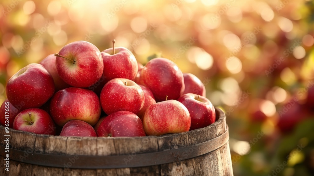 Freshly Harvested Red Apples in a Rustic Wooden Barrel under the Sunlit Orchard Sky Freshly Harvested Red Apples in a Rustic Wooden Barrel under the Sunlit Orchard Sky