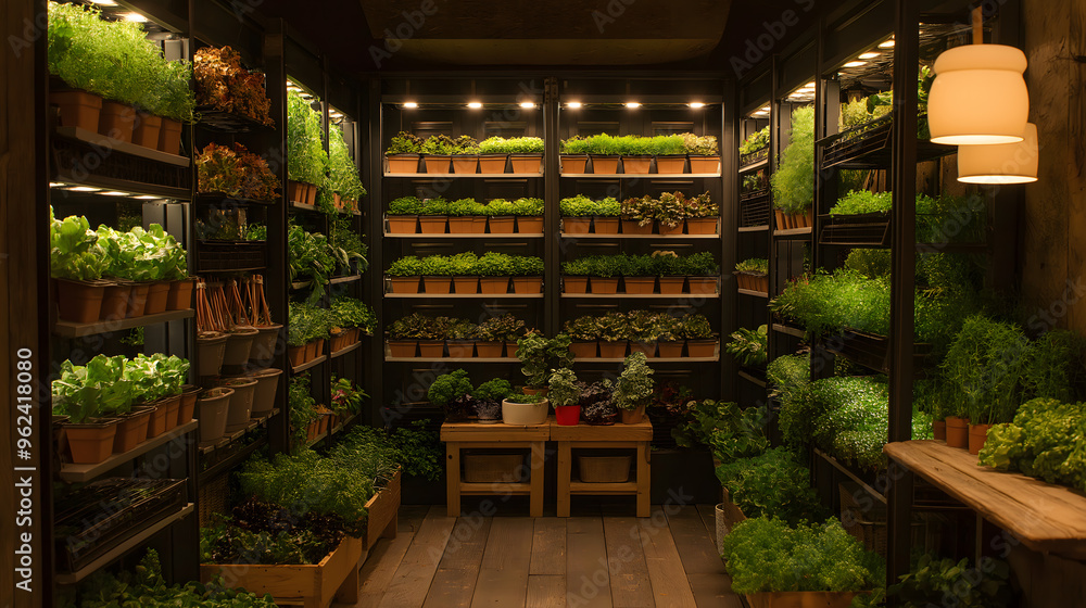 Futuristic vertical farm with stacked layers of plants, home cultivation, indoor vertical farming Futuristic vertical farm with stacked layers of plants, home cultivation, indoor vertical farming
