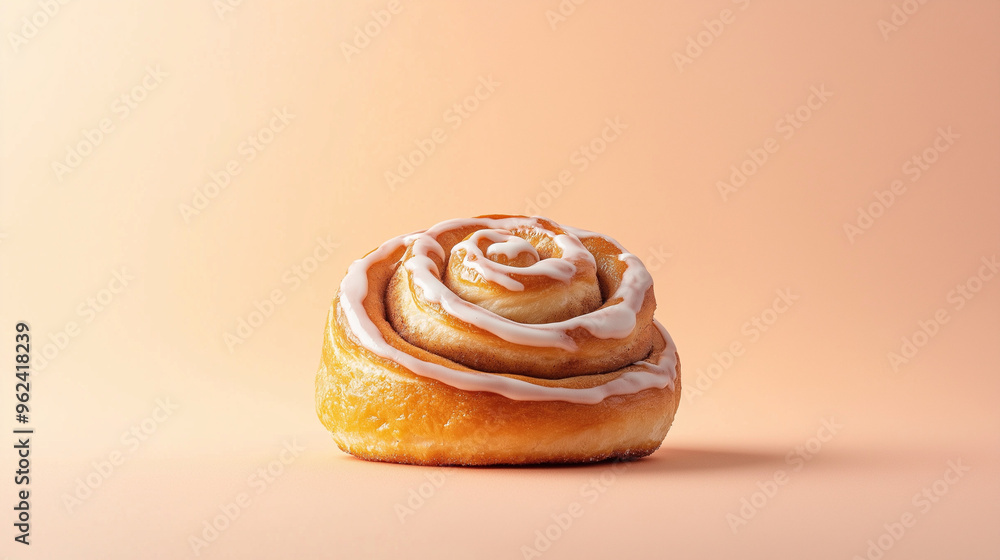 Fototapeta premium a cinnamon bun with a swirl of icing on top against an isolated pastel orange background