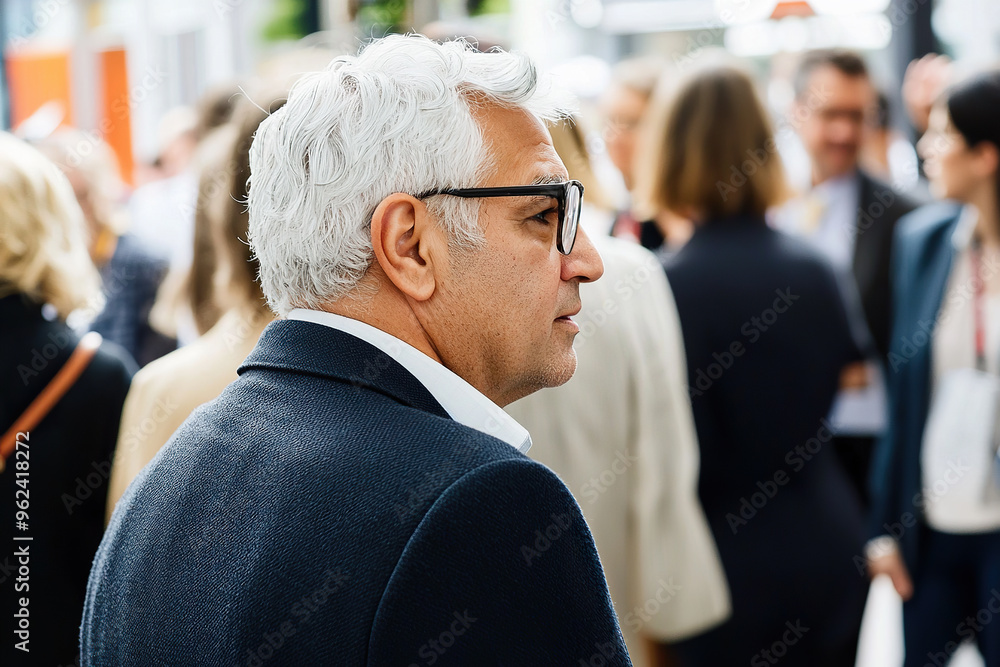 Man with white hair attends a busy conference event Man with white hair attends a busy conference event