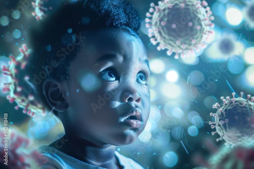 Contemplative expression small boy anxious unseen dangers. Child's serious face stands embodying health concerns and anxiety. Boy stands embodiment of vulnerability 