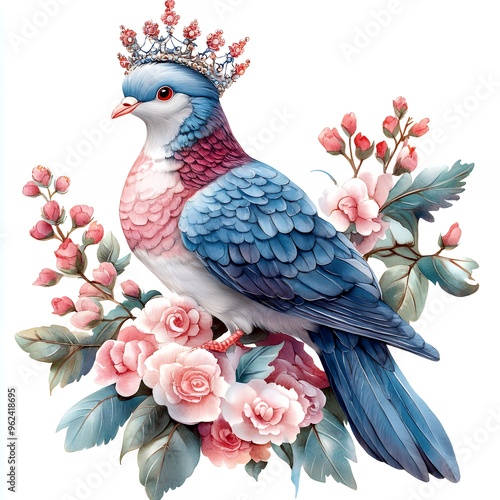 A dove with a jeweled crown, adorned with pink roses and green leaves, against a white background.