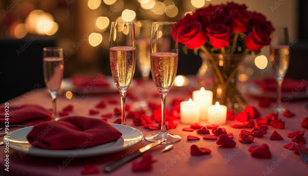 Valentine’s Day dinner with sparkling glasses, red roses, heart decor, and candlelight, creating a cozy, romantic atmosphere.
Valentine’s Day dinner with sparkling glasses, red roses, heart decor, and candlelight, creating a cozy, romantic atmosphere.