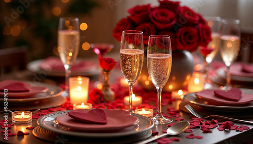 Valentine’s Day dinner with sparkling glasses, red roses, heart decor, and candlelight, creating a cozy, romantic atmosphere.