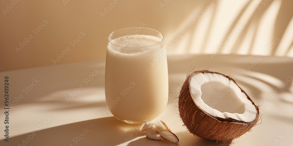 a frothy glass of coconut milk with a cracked coconut against an isolated ivory background a frothy glass of coconut milk with a cracked coconut against an isolated ivory background