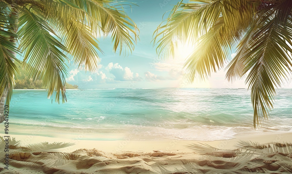 Fototapeta premium calm summer seascape with hills and coconut trees with waves and beach sand Generate AI