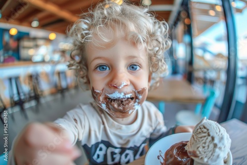 Bright-eyed baby laughs radiating tenderness and charming energy. Radiant toddler soft light curls and charming eyes grins. Kid enjoys the creamy goodness of ice cream.