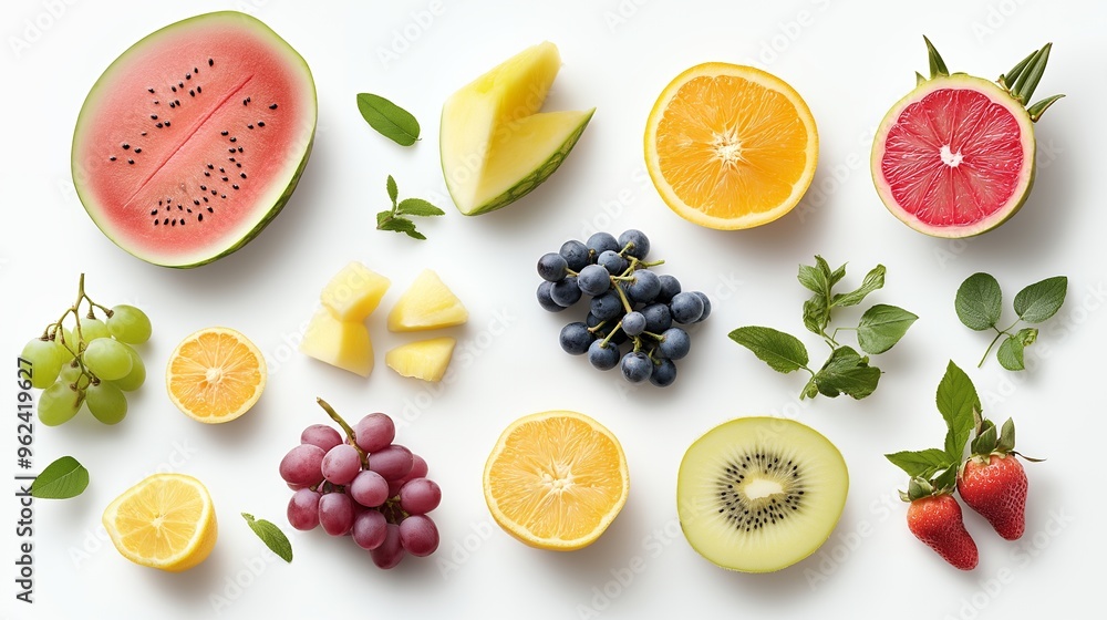 Top view of fresh fruit and leaves arranged on white background. Top view of fresh fruit and leaves arranged on white background.