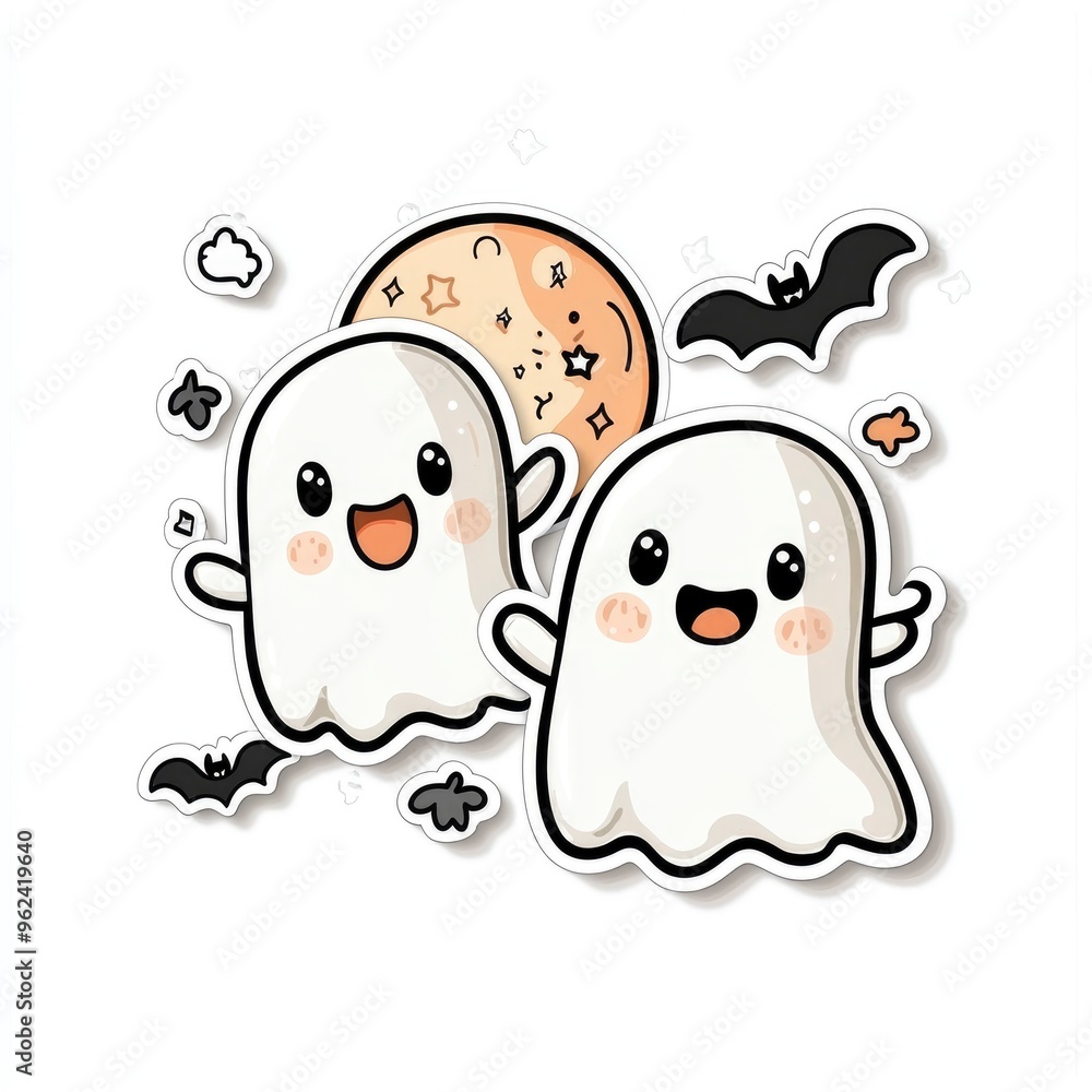 Obraz premium Cute Cartoon Ghosts with Moon Illustration for Halloween