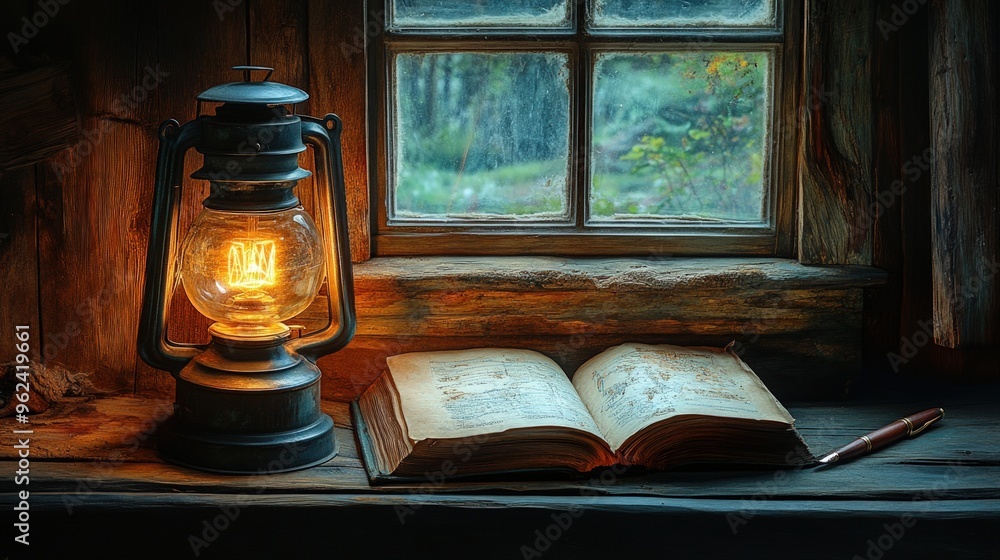 A kerosene lamp illuminates an open book and pen on a wooden windowsill in a rustic cabin. A kerosene lamp illuminates an open book and pen on a wooden windowsill in a rustic cabin.