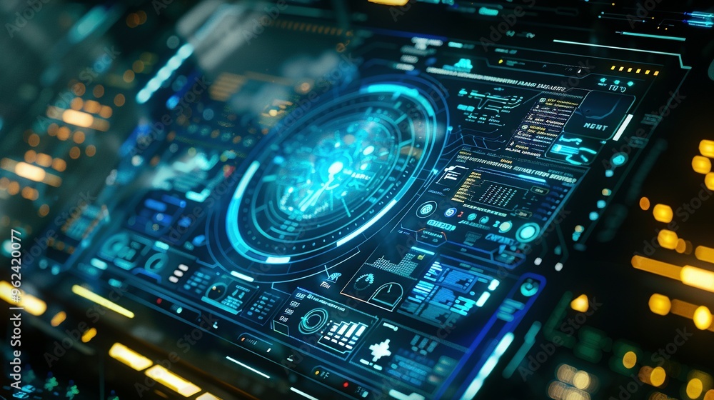 Futuristic Digital Interface with Blue and Yellow Lights Futuristic Digital Interface with Blue and Yellow Lights