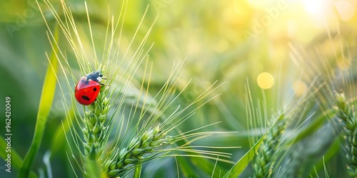 Ladybug on green wheat spikelets. Beautiful nature scene with ladybug.