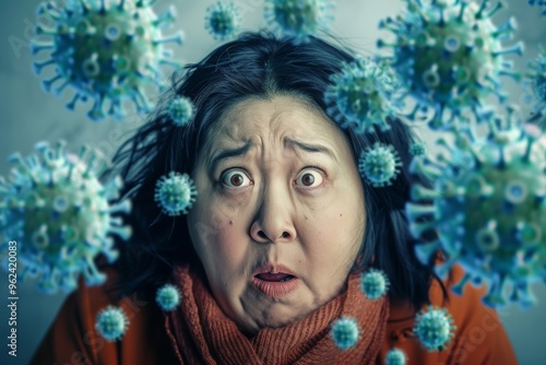 Emotional close-up of fat woman anxiety dramatic background. Startled reaction of asian woman showing clear feelings of fear. Image symbolizes universal experience of facing sudden fear.