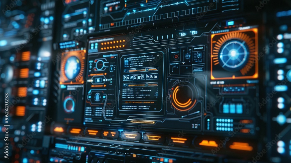Futuristic Interface with Blue and Orange Glowing Displays Futuristic Interface with Blue and Orange Glowing Displays