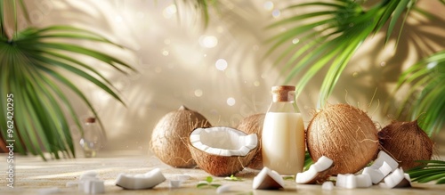 Tranquil tropical setting with fresh coconuts lush palm leaves and natural skincare products like oil cream and body care on a wooden surface  Concept of relaxation wellness and natural beauty photo