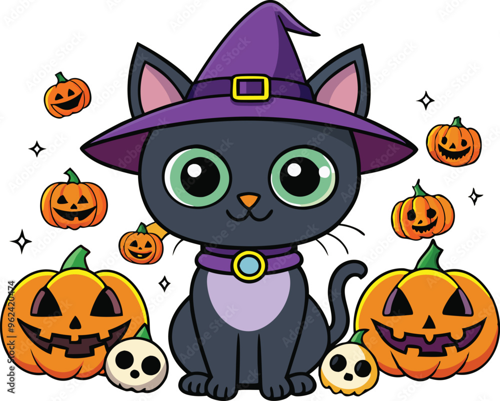 Black cat background with pumpkins and witch hat - Halloween Background illustration Black cat background with pumpkins and witch hat - Halloween Background illustration