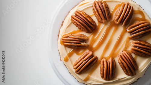 a honey spice cake with a drizzle of caramel glaze and pecans against an isolated white background photo