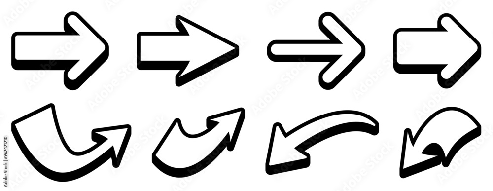 Vector illustration of bold black arrows, featuring both curved and straight designs, ideal for navigational use. Vector illustration of bold black arrows, featuring both curved and straight designs, ideal for navigational use.