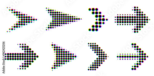 A diverse set of dotted arrow icons in vibrant glitch style, displaying different directions and shapes. Vector illustration.