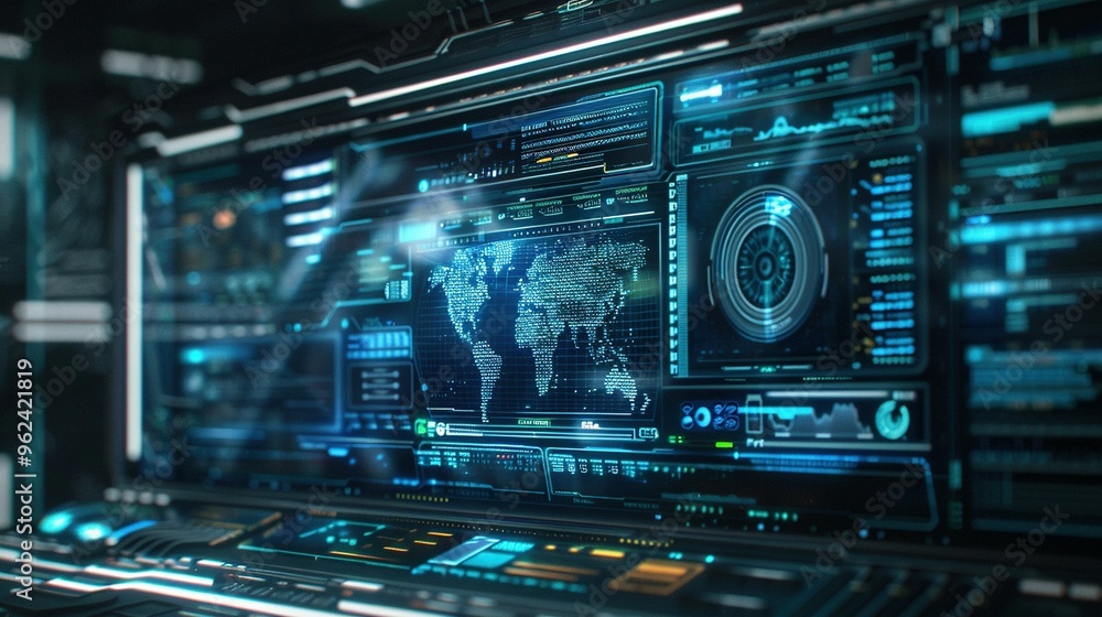 Obraz premium Futuristic Interface with World Map Display and Data Analytics