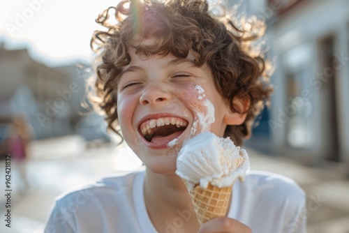 Refreshing scene playful teen showcasing his youthful spirit. Ice cream brings laughter to this child's day.  Bright-eyed boy represents innocence and pureness of childhood. photo