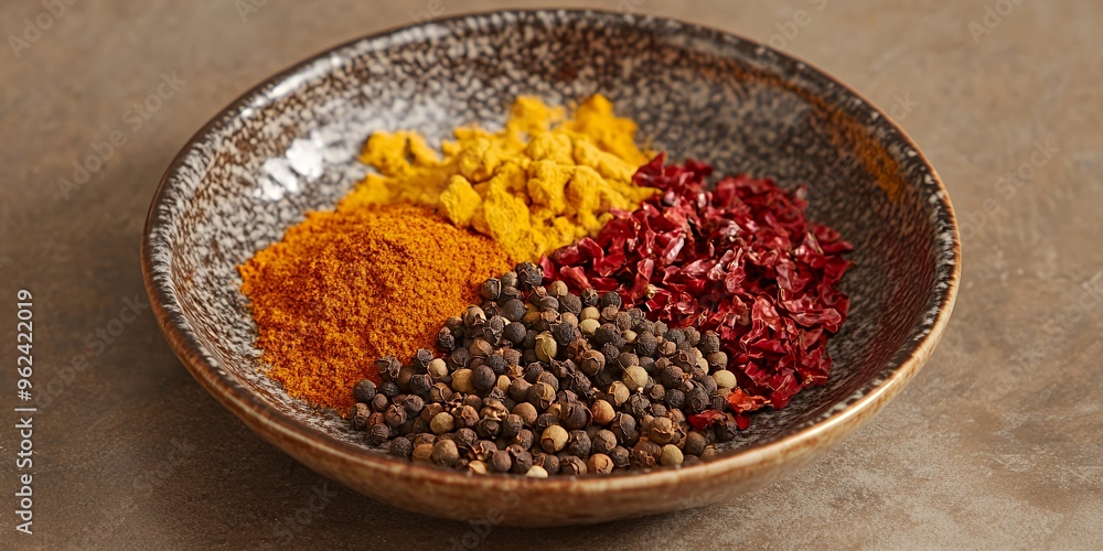 Close-up of a bowl filled with various spices, including turmeric, red pepper flakes, and black peppercorns. Close-up of a bowl filled with various spices, including turmeric, red pepper flakes, and black peppercorns.