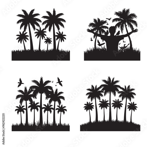 A set of palm trees with a black and white background with a silhouette of a palm tree. vector set.