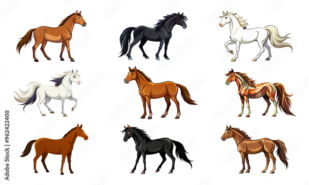 Obraz premium Set of various cartoon horses isolated on white background. Concepts of farm animals, horse breeds, cute illustrations, wild mustangs, livestock. Print, icon, design elements.