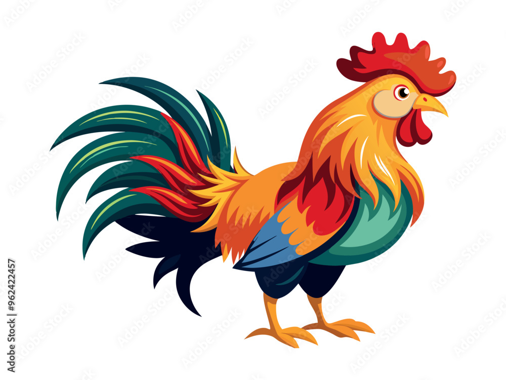 Fototapeta premium Colorful Vector Illustration of a Rooster Isolated on a White Background. Concept of Farm Animal, Domestic Bird, Vibrant Colors, Cock Illustration. Print and Design Element