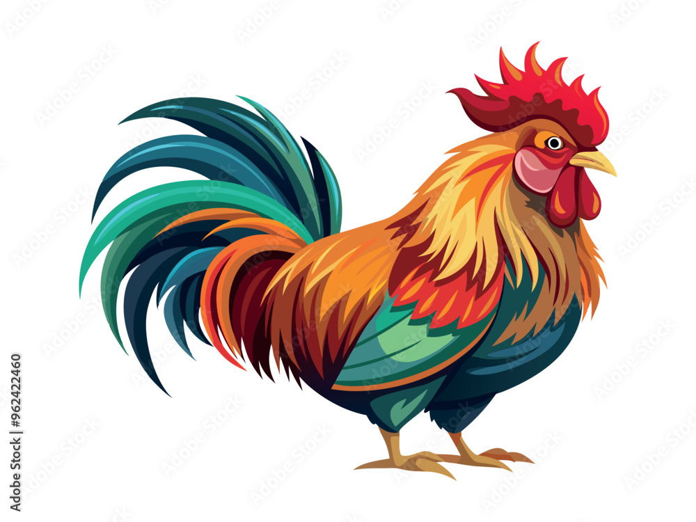 Fototapeta premium Colorful rooster illustration with detailed feathers isolated on a white background. Concept of farm animal, vibrant bird, nature, and wildlife illustration. Print, icon, design element