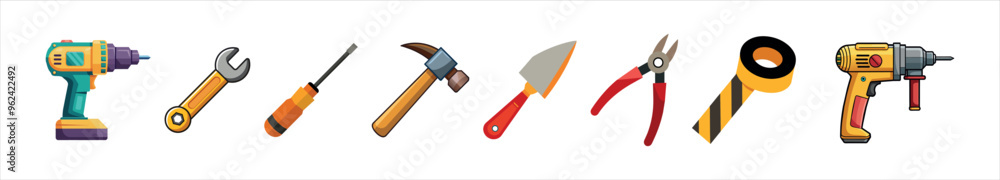 Colorful Illustration of Hand Tools Including Drill, Wrench, Screwdriver, Hammer, Trowel, Pliers, Tape on a White Background. Concept of DIY, Home Improvement, Hardware, and Construction Equipment Colorful Illustration of Hand Tools Including Drill, Wrench, Screwdriver, Hammer, Trowel, Pliers, Tape on a White Background. Concept of DIY, Home Improvement, Hardware, and Construction Equipment