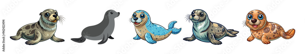 Adorable cartoon seals set isolated on a white background. Concept of cute marine animals, ocean life, playful cartoon seals. Illustration, design element, kids' art Adorable cartoon seals set isolated on a white background. Concept of cute marine animals, ocean life, playful cartoon seals. Illustration, design element, kids' art