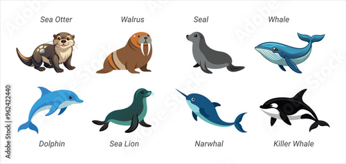 Illustration set of various marine mammals, including sea otter, walrus, seal, whale, dolphin, sea lion, narwhal, and killer whale. Concept of ocean wildlife, animal diversity, ecosystem