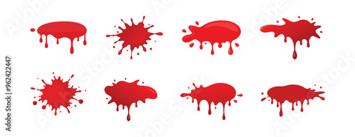 Set of Various Red Blood Stains or Paint Blots Isolated on White Background. Concept of Blood Drips, Splashes, Liquid Effects for Halloween, Crime Scenes, Graphic Design Elements