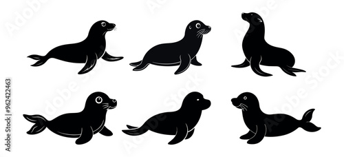 Black silhouettes of sea lions isolated on a white background. Concept of marine animals, cute cartoon seals, wildlife illustration. Print, icon, design elements