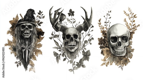 Three detailed skulls surrounded by foliage and branches, one with a raven perched on top. photo