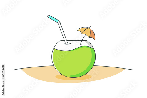 Refreshing Coconut Water with Straw on a Sandy Beach Vector Illustration photo