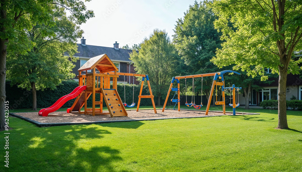 A children's playground in a peaceful, green neighborhood, surrounded by nature.
A children's playground in a peaceful, green neighborhood, surrounded by nature.