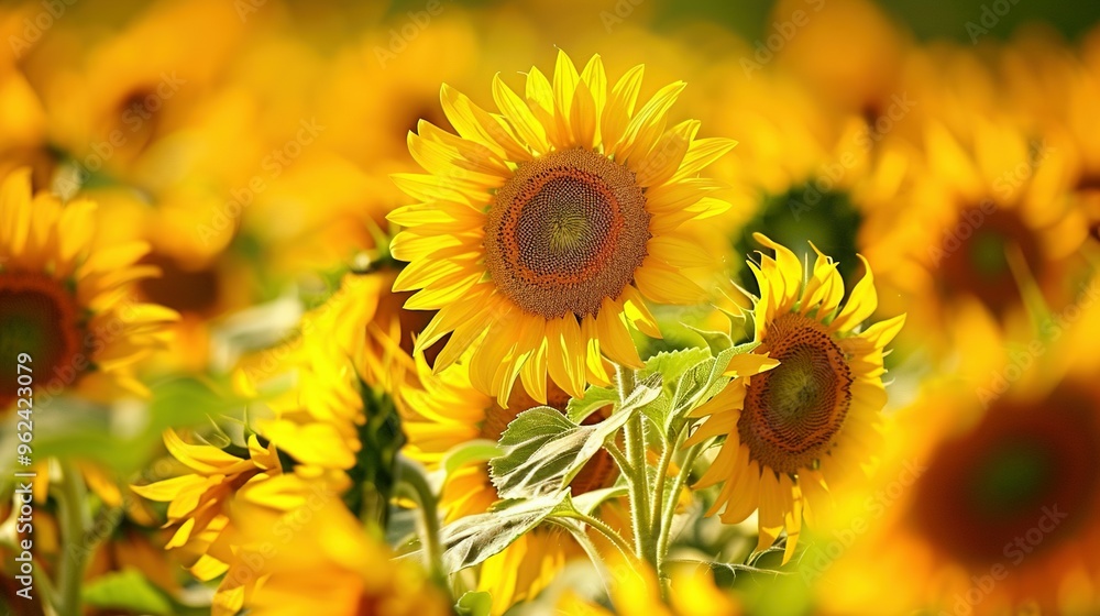 Fototapeta premium Close-up of Bright Yellow Sunflowers in a Field