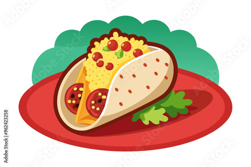 Delicious Mexican Burrito Platter with Rice, Beans, and Spicy Salsa - Vector Art Illustration