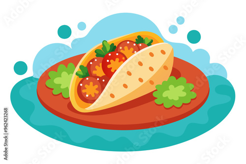 Delicious Mexican Burrito Platter with Rice, Beans, and Spicy Salsa - Vector Art Illustration